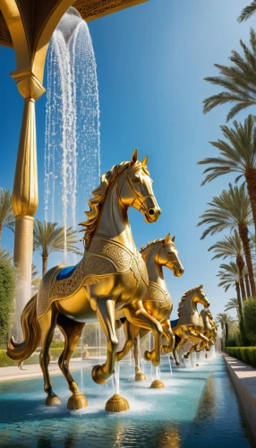 the horse at the fountain,arabian horses,decorative fountains,dubai fountain,arabian horse,emirates palace hotel,dolphin fountain,thoroughbred arabian,golden unicorn,lion fountain,caesars palace,city fountain,dubai garden glow,jumeirah,prancing horse,mozart fountain,carousel horse,largest hotel in dubai,fountains,fountain of friendship of peoples,Conceptual Art,Fantasy,Fantasy 03