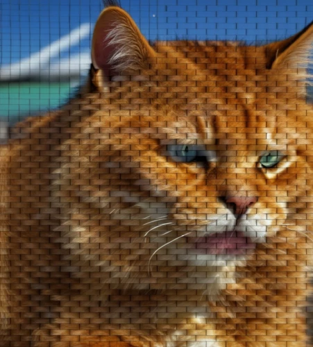 wire mesh fence,window screen,wire mesh,red tabby,ginger cat,halftone background,halftone,comic halftone,color halftone effect,mesh and frame,cat frame,lego frame,honeycomb grid,cat vector,pixels,lego background,tennis racket,chainlink,lattice window,cat image,Photography,General,Realistic