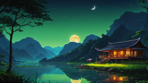 landscape background,fantasy landscape,mid-autumn festival,moonlit night,moon and star background,chinese background,cartoon video game background,wuyi,green landscape,mountain landscape,night scene,mountain scene,fantasy picture,home landscape,yunnan,beautiful landscape,mountainous landscape,japan landscape,guizhou,world digital painting,Photography,General,Natural