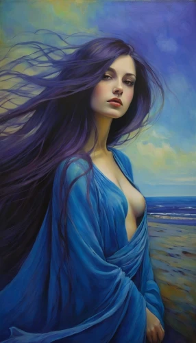 the wind from the sea,blue enchantress,sea breeze,la violetta,oil painting on canvas,oil painting,fantasy art,sea-lavender,girl on the dune,art painting,blue painting,mystical portrait of a girl,the sea maid,sailing blue purple,jasmine blue,beach moonflower,wind wave,blue waters,blue moon rose,rusalka,Illustration,Realistic Fantasy,Realistic Fantasy 30