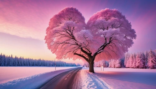 winter landscape,winter tree,snow landscape,snow tree,snowy tree,snowy landscape,snow trees,winter background,pink dawn,cold cherry blossoms,hoarfrost,winter magic,cherry blossom tree,winter cherry,winter dream,isolated tree,lilac tree,blossom tree,winter morning,lone tree,Photography,General,Realistic