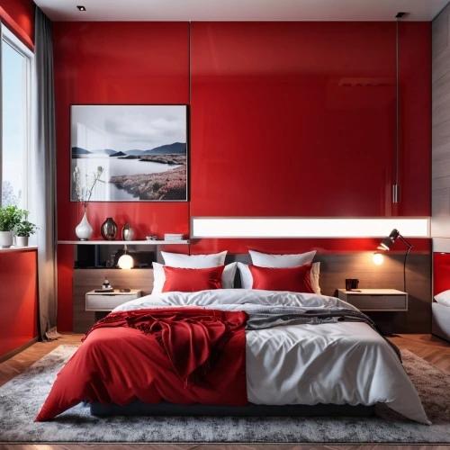 red wall,modern decor,landscape red,red tones,modern room,bedroom,red paint,contemporary decor,interior decoration,sleeping room,interior design,great room,poppy red,silk red,bright red,guest room,salmon red,interior decor,red milan,buffalo plaid red moose,Photography,General,Realistic