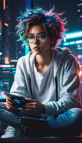 girl at the computer,women in technology,cyberpunk,computer addiction,world digital painting,social media addiction,mobile gaming,girl studying,cyber glasses,night administrator,connect competition,connectcompetition,sci fiction illustration,music background,digital identity,game addiction,blur office background,game illustration,mobile video game vector background,woman holding a smartphone,Illustration,Realistic Fantasy,Realistic Fantasy 15