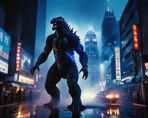 godzilla,drexel,saurian,shinjuku,rubber dinosaur,cinematic,dino,raptor,dinosaruio,reptillian,rex,shanghai,hk,venom,tokyo,predator,tokyo city,dinokonda,tyrannosaurus,wuhan''s virus,Illustration,Retro,Retro 06