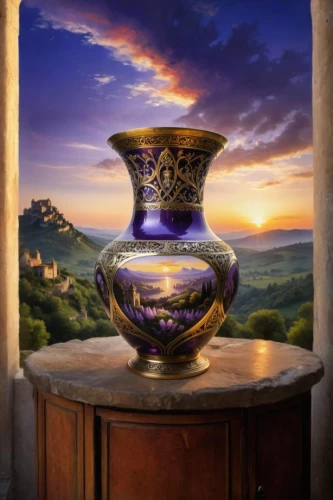 glass vase,vase,flower vase,fragrance teapot,oil lamp,goblet,fantasy picture,urn,copper vase,home fragrance,amphora,fantasy art,stone lamp,decanter,medieval hourglass,magical pot,glass jar,perfume bottle,fantasy landscape,egyptian lavender