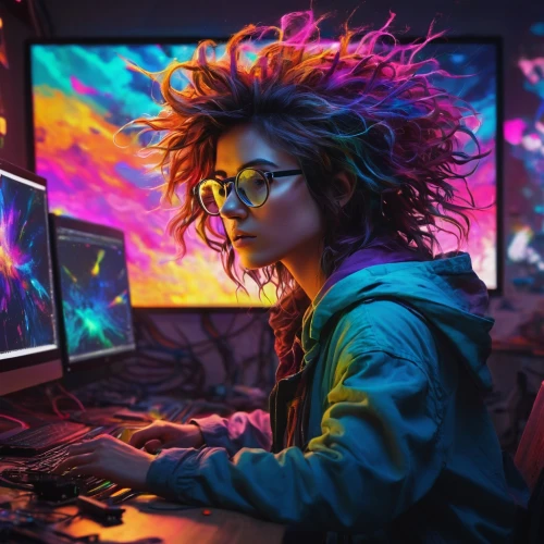 girl at the computer,computer freak,cyberpunk,computer art,world digital painting,computer addiction,digitalart,computer,digital creation,illustrator,girl studying,coder,freelancer,cyber,colorful background,digital art,hacking,digital painting,cyber glasses,creative background,Illustration,Paper based,Paper Based 19