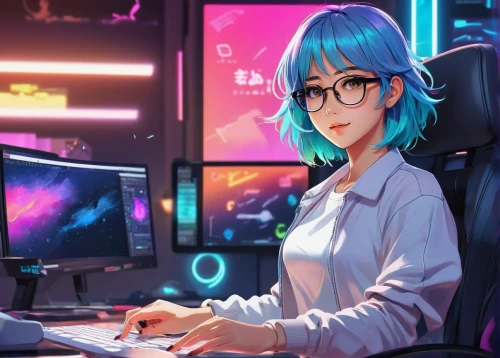 girl at the computer,blur office background,desk,night administrator,game illustration,working space,girl studying,lan,computer,desk top,computer desk,cg artwork,art background,creative background,computer workstation,cyber glasses,portrait background,vector illustration,computer program,hatsune miku,Illustration,Japanese style,Japanese Style 03