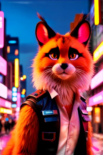 fox,furta,cinematic,redfox,a fox,cyberpunk,child fox,city ​​portrait,cute fox,colorful city,rocket raccoon,chinatown,3d rendered,3d render,dusk background,tokyo city,red fox,3d background,furry,sand fox,Conceptual Art,Sci-Fi,Sci-Fi 26