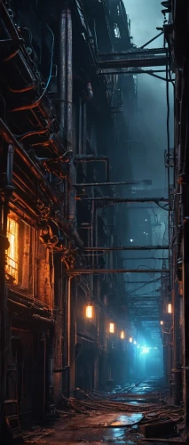 alley,alleyway,cyberpunk,industrial landscape,refinery,industrial,lost place,lostplace,industrial ruin,post-apocalyptic landscape,concept art,blind alley,night scene,fallout4,dystopian,underground cables,metropolis,rescue alley,factories,post apocalyptic,Illustration,Vector,Vector 06