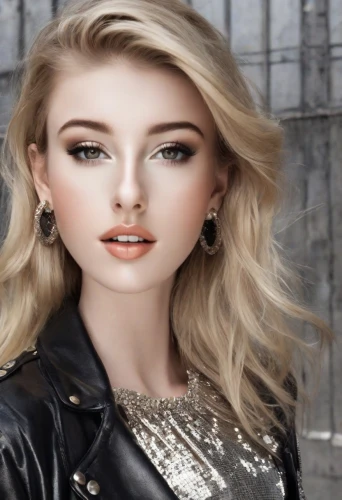 realdoll,doll's facial features,artificial hair integrations,cool blonde,lycia,portrait background,fashion vector,fashion doll,leather jacket,cosmetic brush,romantic look,beautiful model,fashion dolls,female model,natural cosmetic,airbrushed,model beauty,blonde girl,blond girl,female beauty