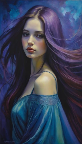 mystical portrait of a girl,la violetta,blue enchantress,blue moon rose,fantasy art,fantasy portrait,purple lilac,wisteria,blue violet,oil painting on canvas,faery,sailing blue purple,faerie,sea-lavender,art painting,lilac blossom,oil painting,jasmine blue,blue painting,bluebell,Illustration,Realistic Fantasy,Realistic Fantasy 30