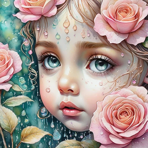 little girl fairy,rosa 'the fairy,rosa ' the fairy,pink floral background,flower painting,child fairy,angel's tears,rosa ' amber cover,sky rose,fantasy portrait,faery,raindrop rose,children's background,flower fairy,dewdrop,eglantine,baby's tears,flower girl,oil painting on canvas,girl in flowers,Conceptual Art,Oil color,Oil Color 10