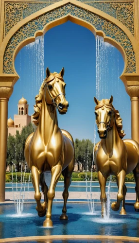 arabian horses,the horse at the fountain,decorative fountains,arabian horse,golden unicorn,emirates palace hotel,fountain of friendship of peoples,lion fountain,thoroughbred arabian,arabian camel,city fountain,dolphin fountain,equines,two-horses,equestrian statue,beautiful horses,bahraini gold,carousel horse,gold stucco frame,gold ornaments,Conceptual Art,Fantasy,Fantasy 03