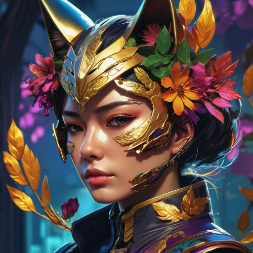 fantasy portrait,masquerade,golden crown,gold crown,flower cat,custom portrait,gold mask,portrait background,golden mask,oriental princess,vanessa (butterfly),kitsune,gold deer,fantasy art,cleopatra,rosa ' amber cover,golden flowers,gold foil crown,flora,spring crown,Photography,Artistic Photography,Artistic Photography 08