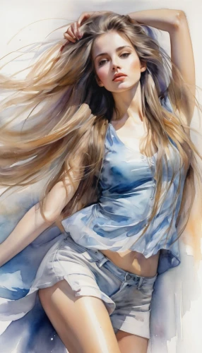fashion illustration,photo painting,fashion vector,world digital painting,image manipulation,girl lying on the grass,relaxed young girl,art painting,boho art,self hypnosis,girl in a long,watercolor blue,watercolor women accessory,watercolor background,watercolor painting,fantasy art,blue painting,watercolor pin up,watercolor paint strokes,watercolor paint,Illustration,Paper based,Paper Based 11
