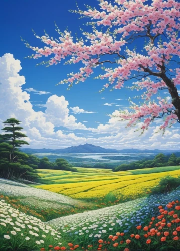 landscape background,springtime background,blooming field,meadow landscape,flower field,spring background,japanese sakura background,sakura trees,field of flowers,flowers field,sakura tree,meadow in pastel,tulip field,flower painting,flower meadow,tulips field,japan landscape,home landscape,blanket of flowers,rural landscape,Illustration,Japanese style,Japanese Style 18