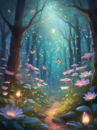 fairy forest,forest of dreams,fairy world,enchanted forest,fairytale forest,fairy galaxy,fireflies,forest path,forest glade,forest floor,butterfly background,fantasy picture,elven forest,forest background,fae,fairy village,fairy lanterns,fantasy landscape,forest flower,faerie,Illustration,Paper based,Paper Based 14