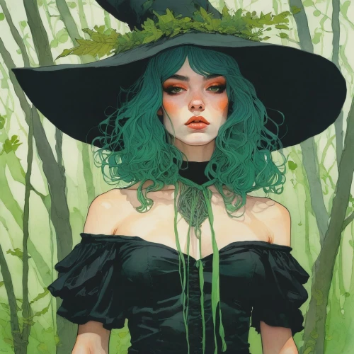 witch hat,witch's hat,witch,witch broom,poison ivy,dryad,forest clover,fantasy portrait,halloween witch,background ivy,the witch,ivy,witches hat,overgrown,faerie,witches' hats,digital illustration,the enchantress,nightshade plant,green tree,Illustration,Paper based,Paper Based 19