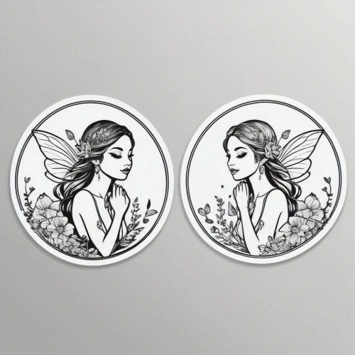 fairy tale icons,floral silhouette frame,leaf icons,zodiac sign gemini,butterfly clip art,art nouveau frames,coins,earrings,art nouveau design,silver coin,mermaid vectors,hairpins,virgo,art nouveau,crown silhouettes,crown icons,jewelry florets,zodiac sign libra,circle icons,tokens,Unique,Design,Sticker