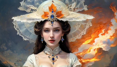 fantasy portrait,priestess,sorceress,fire siren,the hat of the woman,fantasy art,victorian lady,fantasy woman,fire angel,fire artist,flame spirit,fire dancer,mystical portrait of a girl,the enchantress,fantasy picture,baroque angel,white lady,the witch,fire master,zoroastrian novruz,Conceptual Art,Oil color,Oil Color 10