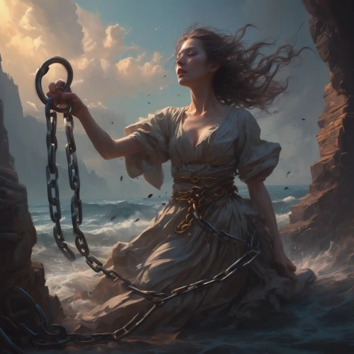the wind from the sea,adrift,wind warrior,the sea maid,siren,god of the sea,exploration of the sea,fantasy portrait,dreams catcher,the endless sea,celtic harp,light bearer,shackles,maelstrom,shipwreck,fantasy picture,zodiac sign libra,medusa,iron rope,woman playing,Conceptual Art,Fantasy,Fantasy 01