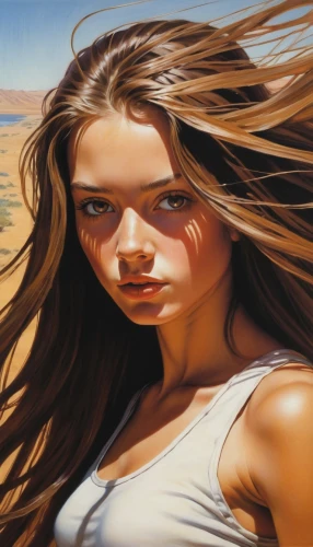 girl on the dune,little girl in wind,oil painting on canvas,oil painting,wind wave,girl in a long,art painting,photo painting,girl in t-shirt,young woman,girl portrait,mystical portrait of a girl,girl with cereal bowl,the girl's face,desert background,the wind from the sea,sand waves,namib,beach background,surfer hair,Conceptual Art,Fantasy,Fantasy 04