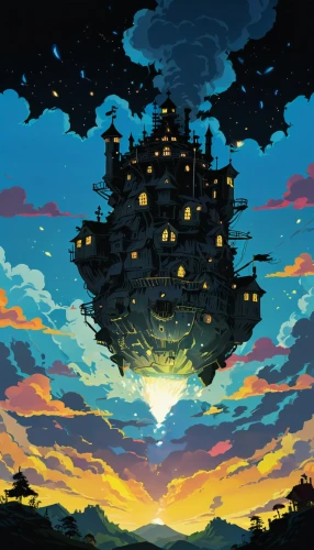 house silhouette,airships,airship,pixel art,dusk background,studio ghibli,houses silhouette,floating island,witch's house,beacon,fantasy city,knight's castle,lantern,treehouse,ghost castle,fantasy world,bird kingdom,dusk,flying island,skyflower,Illustration,Japanese style,Japanese Style 05