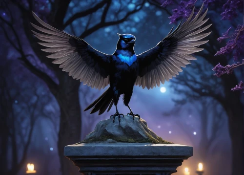 steller s jay,night bird,nocturnal bird,raven bird,king of the ravens,raven sculpture,magpie,black macaws sari,hyacinth macaw,blue macaw,raven rook,blue peacock,black raven,3d crow,queen of the night,blue bird,corvidae,bluejay,crow queen,black billed magpie,Illustration,Abstract Fantasy,Abstract Fantasy 05