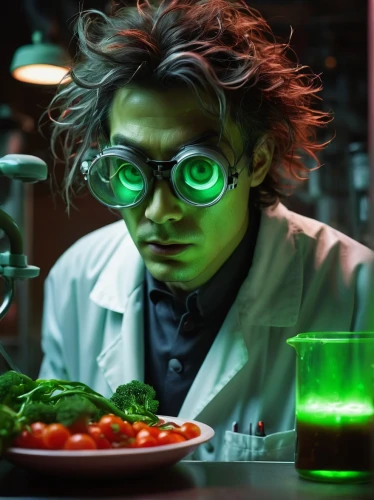 scientist,biologist,microbiologist,e-coli hazard,e-coli,laboratory,pesto,natural scientists,cutting vegetables,food coloring,chemist,fluorescent dye,reagents,chlorophyll,chemical laboratory,researcher,bio,wasabi,biotechnology research institute,science education,Illustration,Japanese style,Japanese Style 10