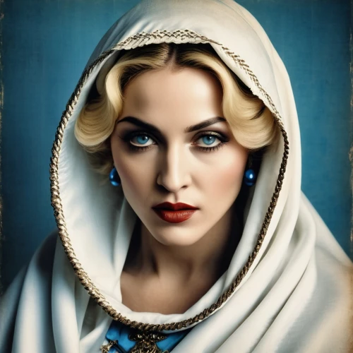 madonna,art deco woman,vintage woman,vintage female portrait,white lady,suit of the snow maiden,retouching,priestess,fantasy portrait,jane russell-female,vintage women,the snow queen,the prophet mary,gothic portrait,vintage makeup,vintage girl,world digital painting,sorceress,retro woman,eva saint marie-hollywood,Photography,General,Realistic