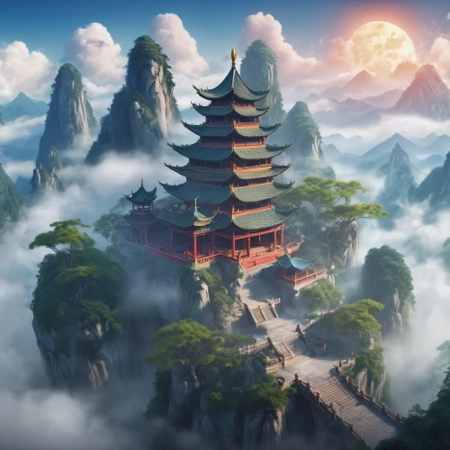 chinese background,chinese temple,chinese clouds,chinese architecture,tigers nest,asian architecture,fantasy landscape,ancient city,forbidden palace,hall of supreme harmony,yunnan,world digital painting,chinese art,huashan,bird kingdom,cartoon video game background,china,oriental,landscape background,huangshan maofeng,Illustration,Realistic Fantasy,Realistic Fantasy 02