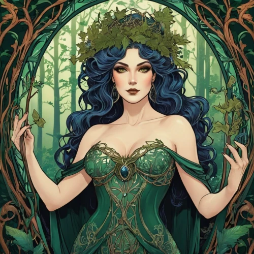 poison ivy,rusalka,merida,dryad,the enchantress,fantasy portrait,fae,celtic queen,flora,faerie,ivy,mother earth,art nouveau,elven forest,green wreath,fairy queen,emerald,mother nature,fantasy woman,background ivy,Illustration,Retro,Retro 13