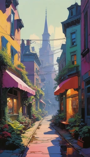 colorful city,studio ghibli,spa town,china town,summer evening,late afternoon,pink city,old town,chinatown,violet evergarden,neighborhood,alley,aurora village,narrow street,alleyway,watercolor shops,fantasy city,georgetown,bukchon,old linden alley,Conceptual Art,Sci-Fi,Sci-Fi 23