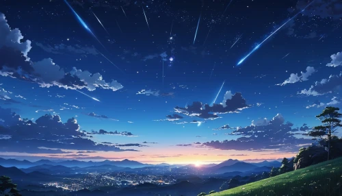 violet evergarden,starry sky,star sky,night sky,falling stars,the night sky,shooting stars,rainbow and stars,moon and star background,nightsky,night stars,star winds,sky,fireflies,meteor shower,skyscape,starlight,falling star,shooting star,skywatch,Photography,General,Realistic