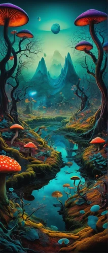 mushroom landscape,mushroom island,mushrooms,fantasy landscape,toadstools,alien world,psychedelic art,futuristic landscape,cartoon video game background,alien planet,agaric,fantasy picture,forest mushrooms,forest mushroom,fairy world,fungi,acid lake,club mushroom,fantasy art,toadstool,Illustration,Abstract Fantasy,Abstract Fantasy 16