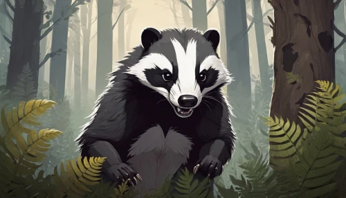 badger,striped skunk,mustelid,north american raccoon,raccoon,forest animal,raccoons,woodland animals,skunk,anthropomorphized animals,game illustration,forest animals,mustelidae,cub,ring-tailed,forest background,vector illustration,panda,common opossum,virginia opossum,Illustration,Japanese style,Japanese Style 06