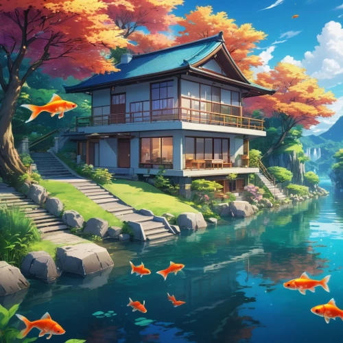 koi pond,house by the water,house with lake,tsukemono,ginkaku-ji,aqua studio,koi,studio ghibli,fisherman's house,kyoto,japanese sakura background,ryokan,japanese background,japan landscape,japanese restaurant,fishing float,world digital painting,sakura background,house of the sea,idyllic,Illustration,Japanese style,Japanese Style 03