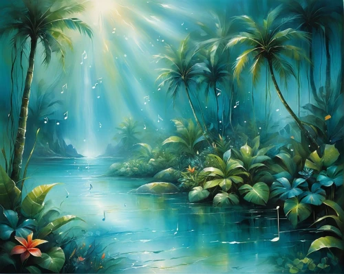 underwater oasis,tropical sea,fairy forest,fairy world,palmtrees,ocean paradise,tropical bloom,fantasy landscape,tropical island,world digital painting,watercolor palm trees,rainforest,tropical jungle,underwater landscape,oasis,an island far away landscape,lagoon,river landscape,landscape background,rain forest,Conceptual Art,Daily,Daily 32