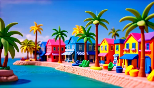 seaside resort,beach huts,resort town,seaside country,colorful city,tilt shift,playmobil,beach resort,3d render,beach hut,caribbean beach,delight island,tropical beach,dream beach,beach scenery,lego background,tropical island,seaside,3d background,miniature golf,Unique,3D,Clay