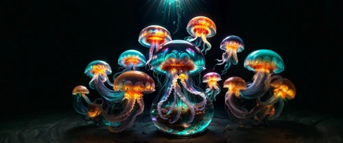 cnidaria,plasma lamp,water display,bioluminescence,decorative fountains,jellyfish,aquarium lighting,light art,floor fountain,apophysis,jellyfishes,water flower,ornamental shrimp,drip castle,drawing with light,lava lamp,aquarium decor,lion's mane jellyfish,jellyfish collage,acquarium