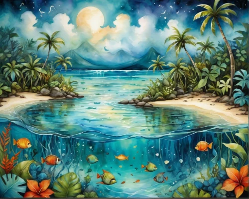 tropical sea,ocean paradise,underwater oasis,sea landscape,beach landscape,underwater landscape,an island far away landscape,tropical island,landscape background,delight island,ocean background,coastal landscape,tropical beach,mermaid background,dream beach,waterscape,water scape,lagoon,seascape,oil painting on canvas,Conceptual Art,Daily,Daily 34
