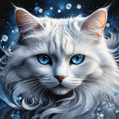 cat with blue eyes,blue eyes cat,turkish angora,siberian cat,white cat,norwegian forest cat,cat on a blue background,turkish van,american curl,maincoon,cat vector,breed cat,domestic long-haired cat,snowball,white walker,capricorn kitz,british longhair cat,blue eyes,the snow queen,birman,Illustration,Realistic Fantasy,Realistic Fantasy 15