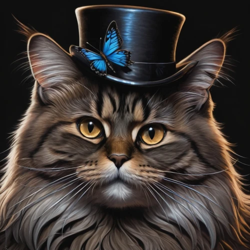 cat sparrow,hatter,tea party cat,top hat,cat portrait,british longhair cat,cat on a blue background,ringmaster,napoleon cat,aristocrat,maincoon,american bobtail,cat vector,cat image,whiskered,stovepipe hat,gentlemanly,magpie cat,alice in wonderland,black hat,Conceptual Art,Fantasy,Fantasy 34