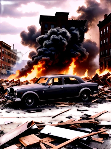 city in flames,mobile video game vector background,dodge avenger,apocalyptic,digital compositing,destroyed city,black city,cartoon video game background,cd cover,fighter destruction,scrapyard,demolition derby,dodge intrepid,apocalypse,the conflagration,war zone,fire background,stalingrad,superhero background,explosion destroy,Illustration,Realistic Fantasy,Realistic Fantasy 21