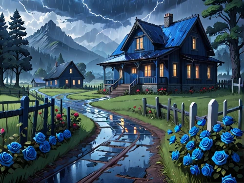 lonely house,home landscape,house in mountains,house in the mountains,house in the forest,summer cottage,thunderstorm,cottage,little house,house with lake,blue rain,witch's house,fantasy picture,the haunted house,haunted house,victorian house,house painting,farm house,log cabin,country cottage,Anime,Anime,General