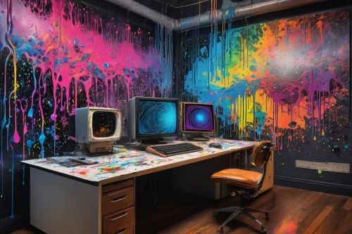 creative office,computer room,graphic design studio,color wall,kids room,study room,computer art,working space,great room,graffiti splatter,paint splatter,home office,modern office,work space,interior design,playing room,blur office background,photography studio,the living room of a photographer,computer desk,Conceptual Art,Graffiti Art,Graffiti Art 08