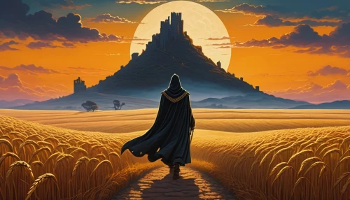 viewing dune,wheat field,dune,wheat fields,dune landscape,field of cereals,dune 45,pilgrimage,strand of wheat,sahara,haystack,sand road,fantasy picture,straw field,grain field,travel poster,shifting dune,scythe,corn field,cornfield,Illustration,Retro,Retro 26