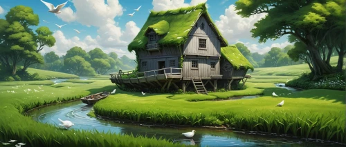 studio ghibli,home landscape,little house,lonely house,my neighbor totoro,house in the forest,summer cottage,house with lake,bird house,house by the water,small house,beautiful home,grass roof,fisherman's house,idyllic,witch's house,houseboat,green meadow,dandelion hall,cottage,Conceptual Art,Fantasy,Fantasy 03