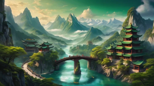 fantasy landscape,dragon bridge,world digital painting,chinese temple,chinese background,hanging temple,cartoon video game background,landscape background,tigers nest,wuyi,chinese architecture,ancient city,guizhou,bird kingdom,huashan,fantasy picture,yunnan,asian architecture,chinese art,china,Photography,General,Commercial