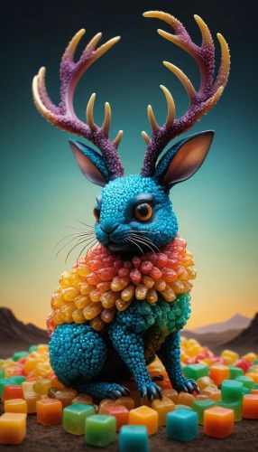 rainbow rabbit,jackalope,whimsical animals,3d fantasy,easter bunny,wild hare,anthropomorphized animals,easter theme,cinema 4d,steppe hare,deco bunny,jackrabbit,wood rabbit,easter rabbits,forest animal,jack rabbit,wild rabbit,easter-colors,plasticine,rabbit,Illustration,Abstract Fantasy,Abstract Fantasy 06